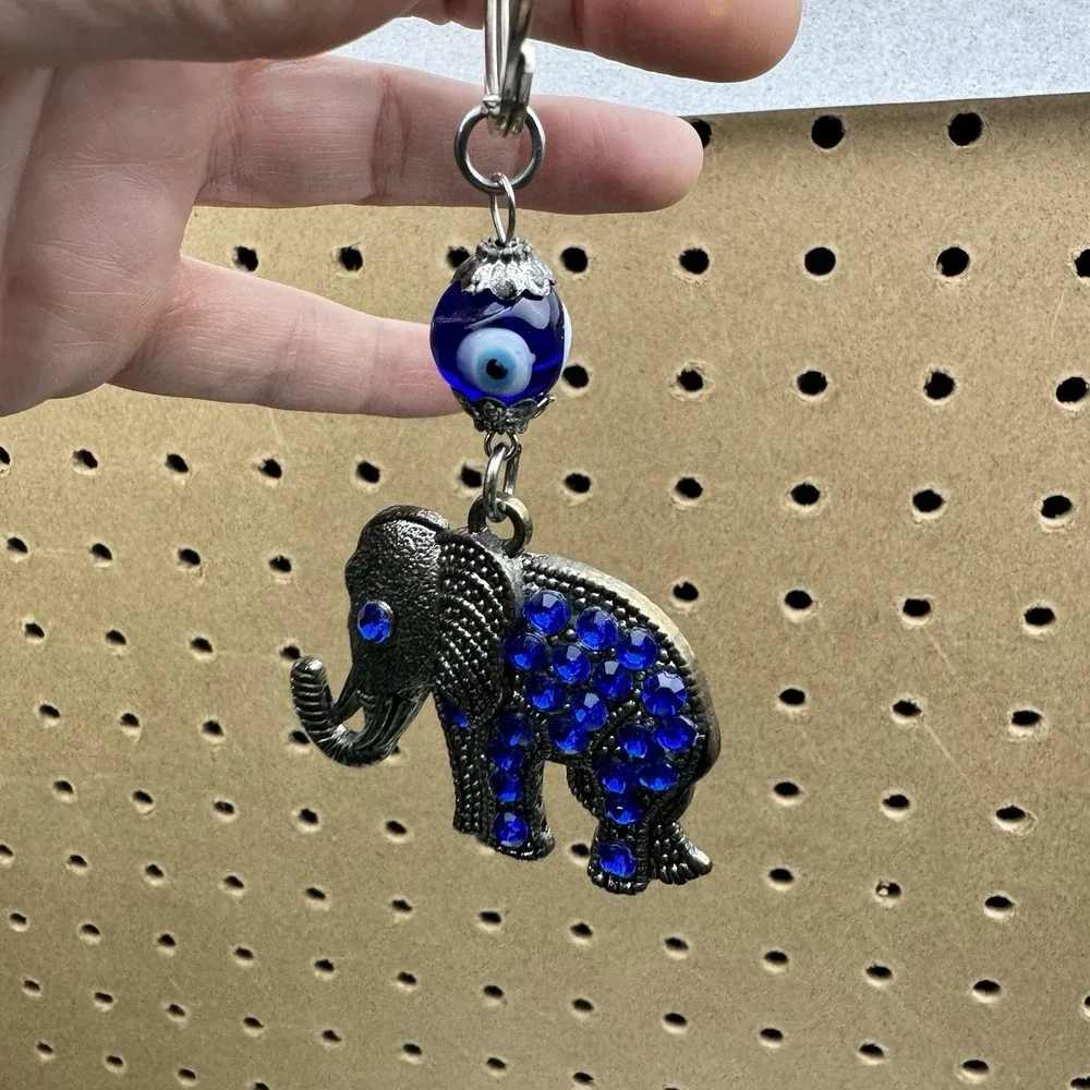 Elephant Keychain Blue Rhinestone Evil Eye Charm Silver Tone Good Luck
